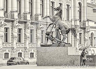 Horse Tamer statue on Anichkov bridge in Saint Petersburg. Stock Photo