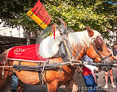 Horse towing a float at St Remy parade Editorial Stock Photo