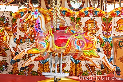 Horse on a traditional fairground vintage carousel in Cardiff Editorial Stock Photo