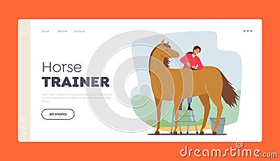 Horse Trainer Landing Page Template. Stableman Woman Character Care of Purebred Horse Cleaning Hair and Skin Vector Illustration