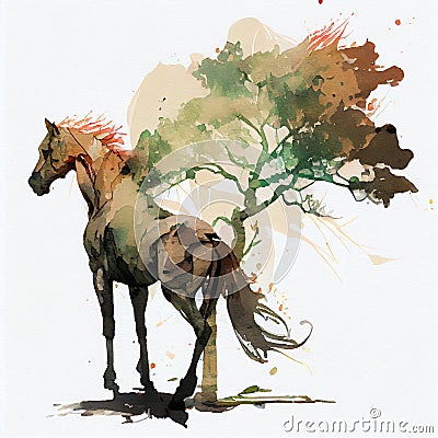 a horse and a tree watercolor Stock Photo