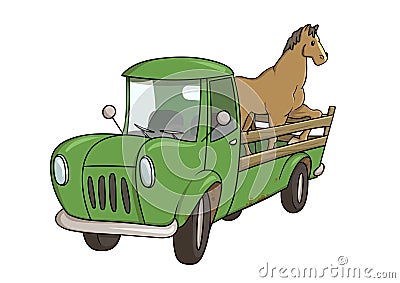 Horse in the trunk of a green truck. Delivery and transport. Vector flat color illustration, isolated on white Vector Illustration