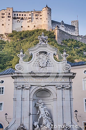 Horse Well Fountain Kapitelschwamme on Kapitelplatz at Salzbur Stock Photo