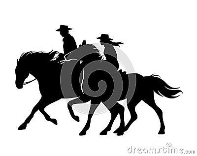 Cowboy and cowgirl riding horses black vector silhouette Vector Illustration