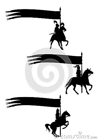 Horseback knights with long banners black vector silhouettes Vector Illustration