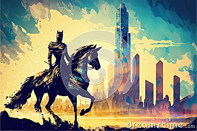 A horseback rider's silhouette against a futuristic desert city. illustration painting Cartoon Illustration