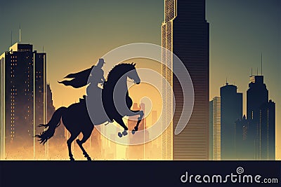 A horseback rider's silhouette against a futuristic desert city. illustration painting Cartoon Illustration