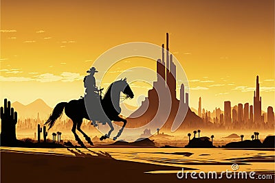 A horseback rider's silhouette against a futuristic desert city. illustration painting Cartoon Illustration