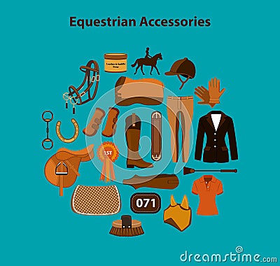 Horseback riding equestrian objects items accessories Vector Illustration