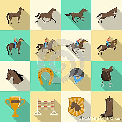 Horseback riding flat shadows icons set Vector Illustration