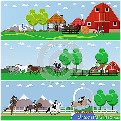 Horseback riding, show jumping, taming horses, farming, vector set Vector Illustration