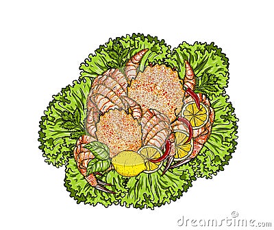 Horsehair Crab with lemon and vegetable on white background Vector Illustration