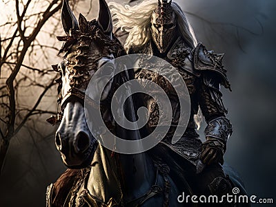 White horseman of apocalypse warrior in armor riding white horse AI Stock Photo