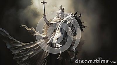 White horseman of apocalypse riding white horse AI Stock Photo