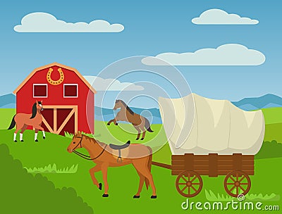 Horses at country animal ranch farm, horse harnessed to cart wagon vector illustration. Vector Illustration