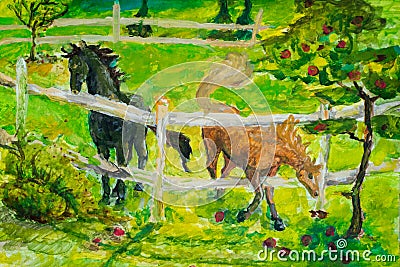 Horses grazing in sunset field, Horse in summerlandscape in field. Art painting. The photo is painted in the drawing Editorial Stock Photo