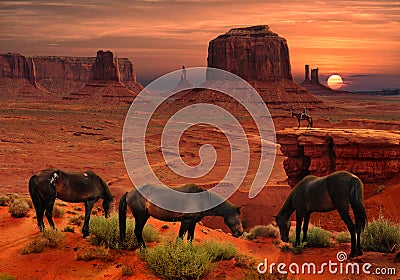 Horses at John Ford`s Point Overlook in Monument Valley Tribal Park, Arizona USA Stock Photo