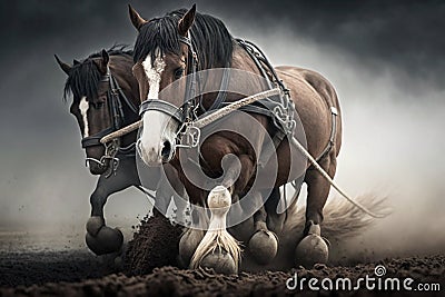 Horses plow the land. Horses work field. AI Generated Stock Photo