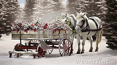 Horses Near A Holiday Decorated Tree Wagon In The Snowy Forest. Generative AI Stock Photo