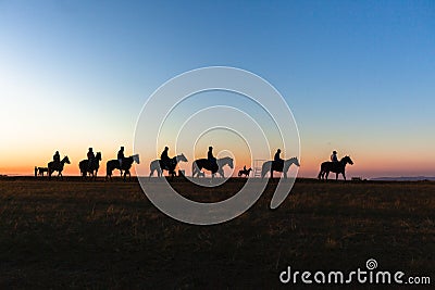 Horses Riders Silhouetted Dawn Stock Photo