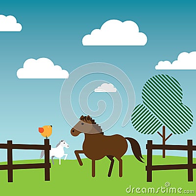 Horses roaming around in a fenced farm Vector Illustration