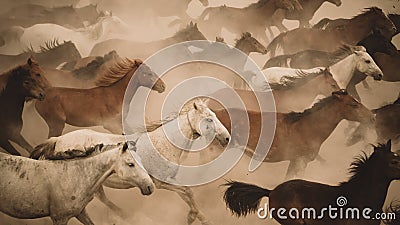 Horses run gallop in dust Stock Photo