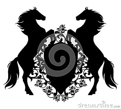 Horses with shield among rose flowers heraldic vector design Vector Illustration