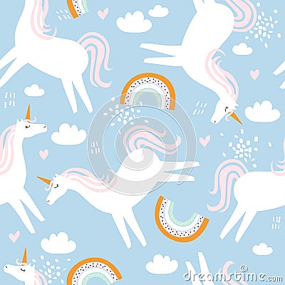 Colorful seamless pattern with horses - unicorns, rainbow, sky. Decorative cute background with funny animals Vector Illustration