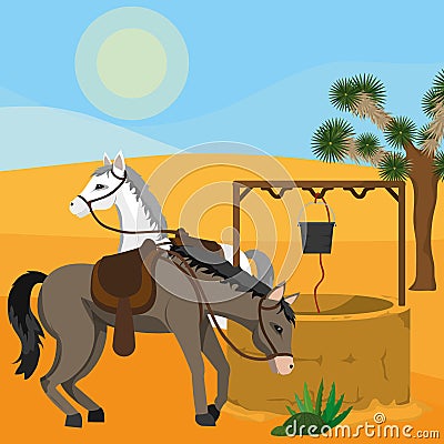 Horses with waterhole Vector Illustration