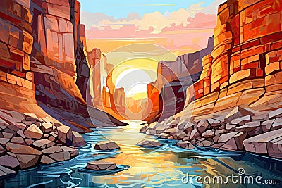 Horseshoe Bend in the Utah desert at sunset illustration, Canyon with a river between the rocks at dawn time. Post-impressionism Cartoon Illustration