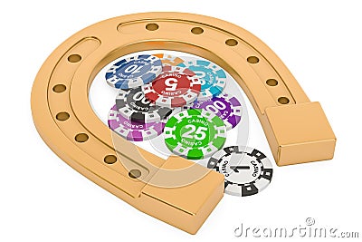 Horseshoe with casino tokens. Good luck concept, 3D rendering Stock Photo