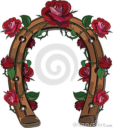 Horseshoe entwined with roses Vector Illustration