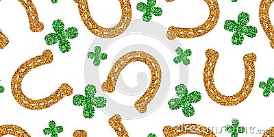 Horseshoe gold glitter. Hoof horse. Four-leaf green clover. Seamless pattern on white background. illustration. Happy St Cartoon Illustration