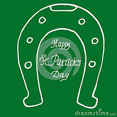 Horseshoe and lettering Happy Saint Patricks Day icon, template card, poster, sticker. sketch hand drawn doodle style. vector Stock Photo