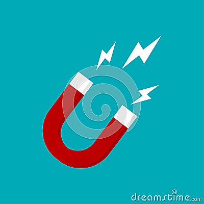 Horseshoe red magnet with white lightnings sign of power. Magnetism, magnetize concept Stock Photo