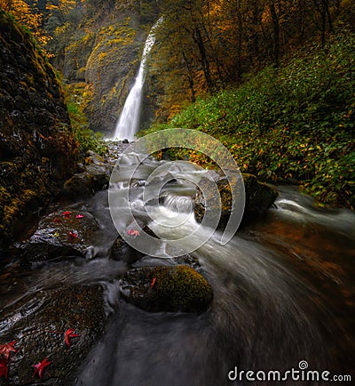 Horsetail Falls with autumn foliage Stock Photo