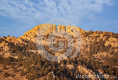 Horsetooth rock formation at sunrise is a distinctive geological and popular mountain landmark overlooking Fort Collins,Colorado Stock Photo