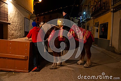 Vilanova d`Alcolea, CastellÃ³n, Spain - January 19, 2019: The horses jump over the fire in the traditional festival of St Antonio Editorial Stock Photo