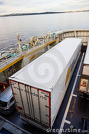 Freight lorries on the deck of a car ferry.. Editorial Stock Photo