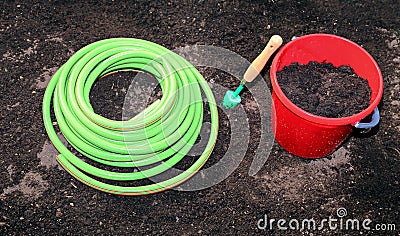 Horticulture accessories on the gardenbed Stock Photo