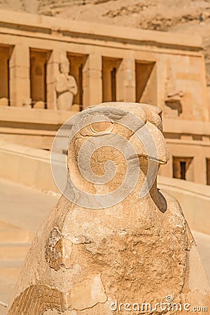 Horus Statue n front of Famous Mortuary Temple of Hatshepsut Stock Photo