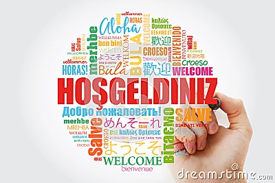 Hosgeldiniz Welcome in Turkish word cloud Stock Photo