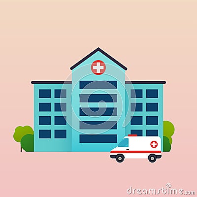 Hospital with ambulance flat vector illustration. Vector Illustration
