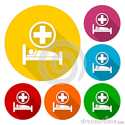 Hospital bed icons set with long shadow Vector Illustration