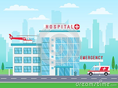 Hospital building with ambulance helicopter on roof and car standing on road, medical services, clinic building with big Vector Illustration