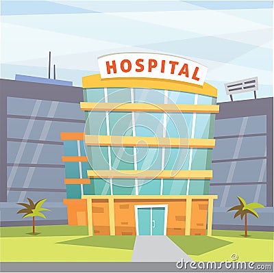 Hospital building cartoon modern vector illustration. Medical Clinic and city background. Emergency room exterior Vector Illustration