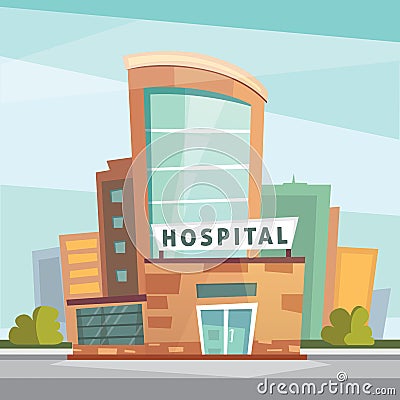 Hospital building cartoon modern vector illustration. Medical Clinic and city background. Emergency room exterior Vector Illustration