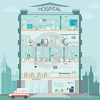 Hospital building exterior with doctor and patient medical check Vector Illustration