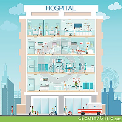 Hospital building exterior with doctor and patient. Vector Illustration