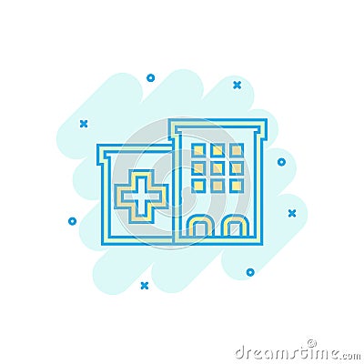 Hospital building icon in comic style. Infirmary vector cartoon illustration on white isolated background. Medical ambulance Vector Illustration